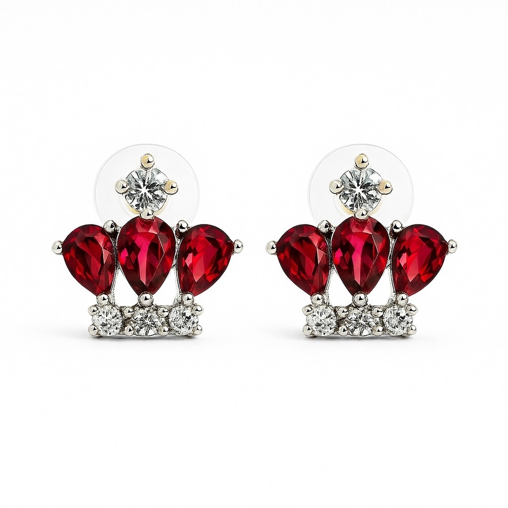 ⚜️ Chic Red and Silver Crown Earrings With  Cubic Zirconia 💎❤️‍🔥